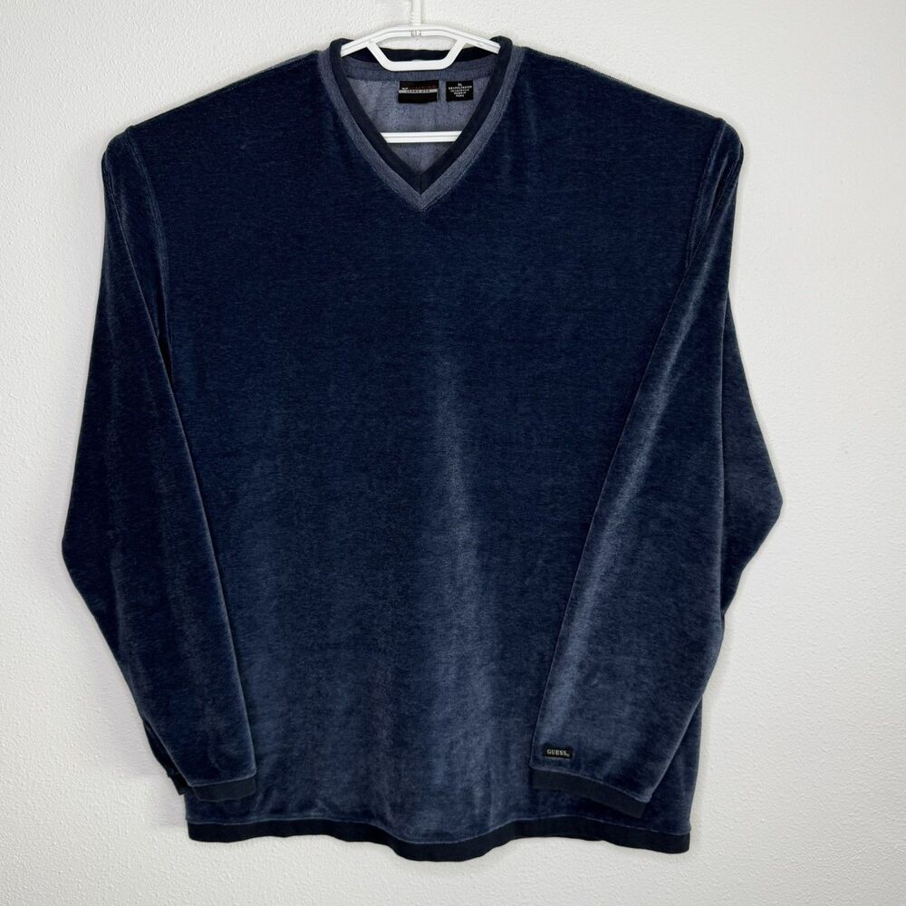 Vintage Guess Jeans USA Velour Sweater Mens XL Navy Blue V Neck Pullover